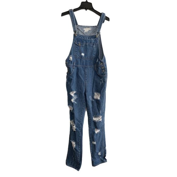 Fly Up Very Distressed Denim Overalls Size M (Missing one side button, photo 4) - Picture 1 of 6